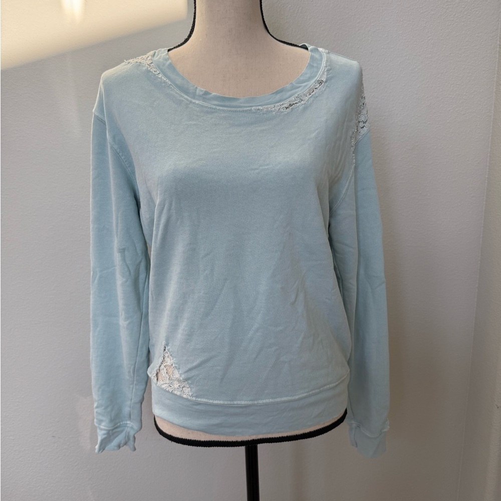 Stateside Anthropologie Pale Blue Lace-Trim Distressed Pullover Sweatshirt
